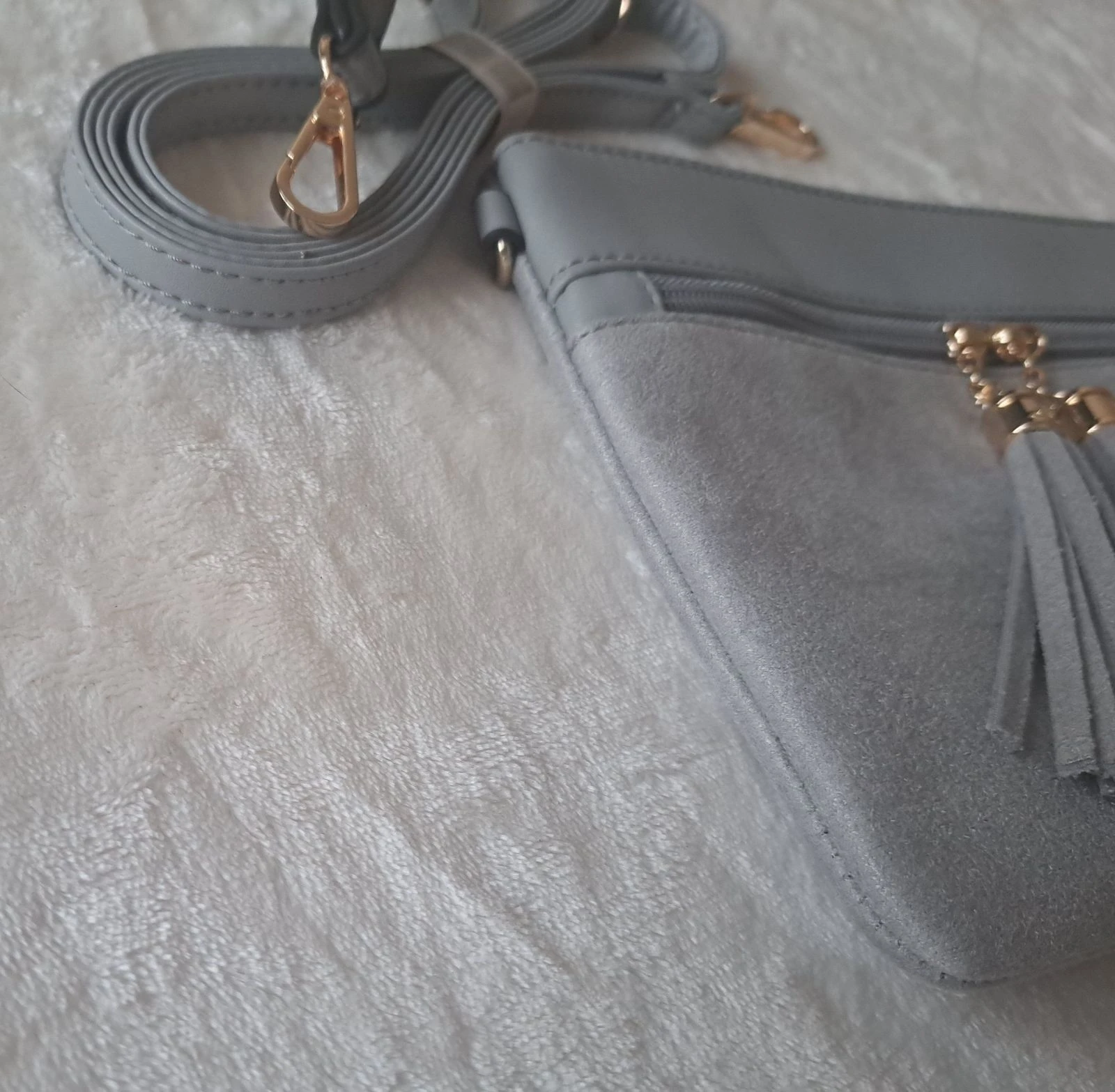 Light Grey Suede Clutch Bag with Tassels • Boho Chic – photo 5